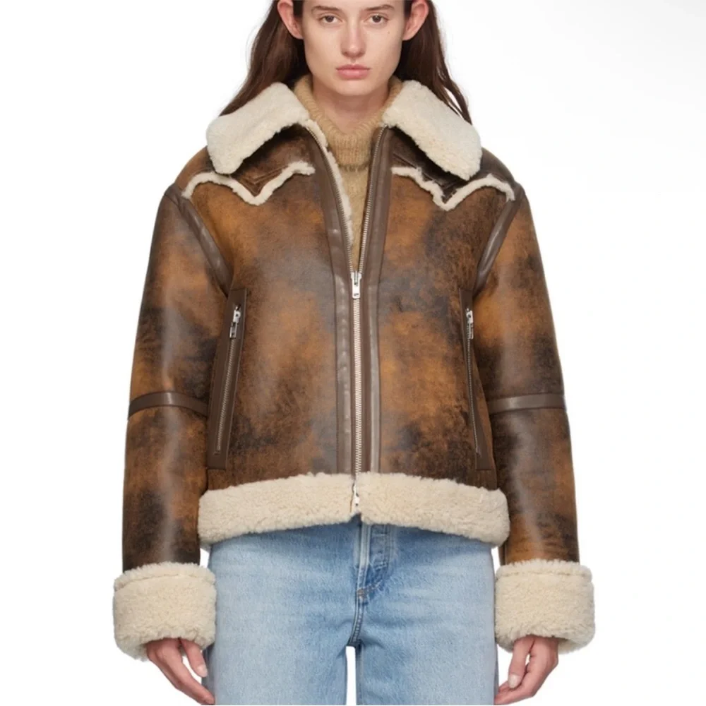 Stand Studio Lessie Faux Leather & Shearling Brown Cream Jacket size 36/US 4 NEW - Picture 6 of 12